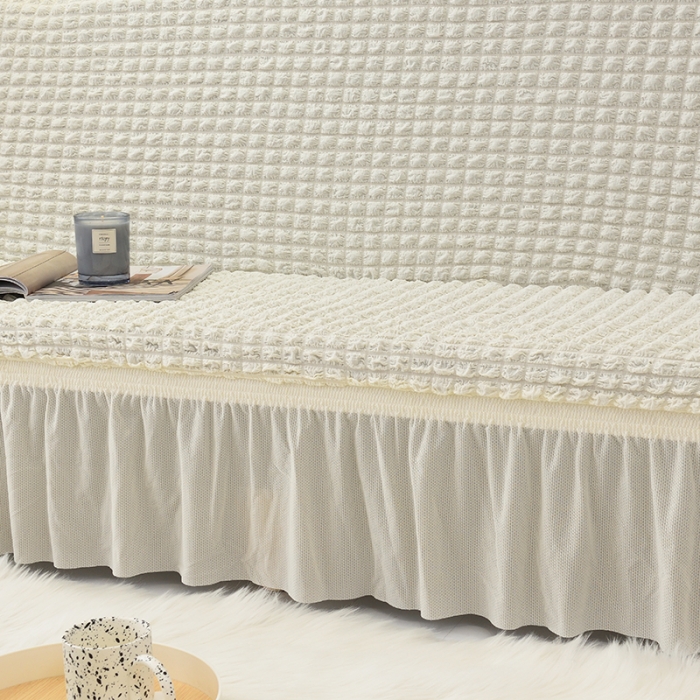 91家纺网 家纺一手货源 找家纺 启博家纺 2022新款泡泡纱简易无扶手裙摆沙发套 米白