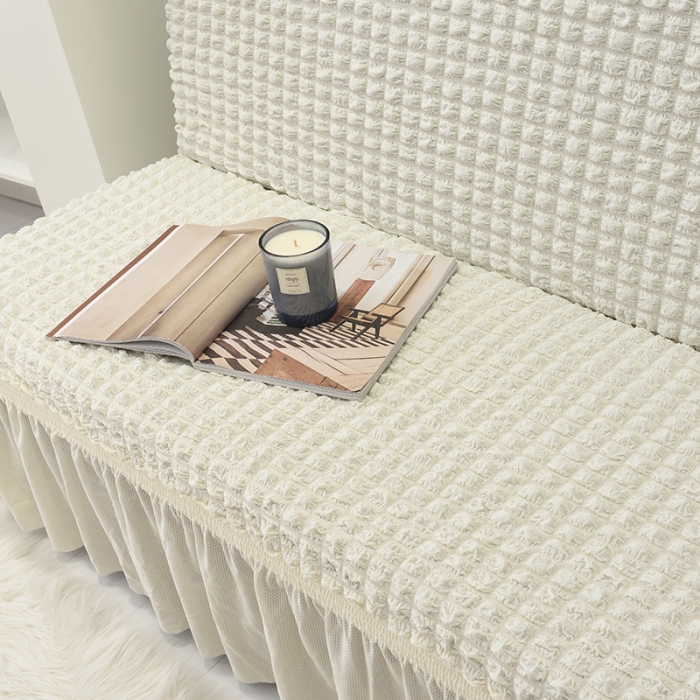 91家纺网 家纺一手货源 找家纺 启博家纺 2022新款泡泡纱简易无扶手裙摆沙发套 米白