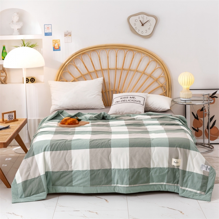 91家纺网 家纺一手货源 找家纺 简色坊 2023新款全棉色织水洗棉夏凉被格子款 优雅格调-绿