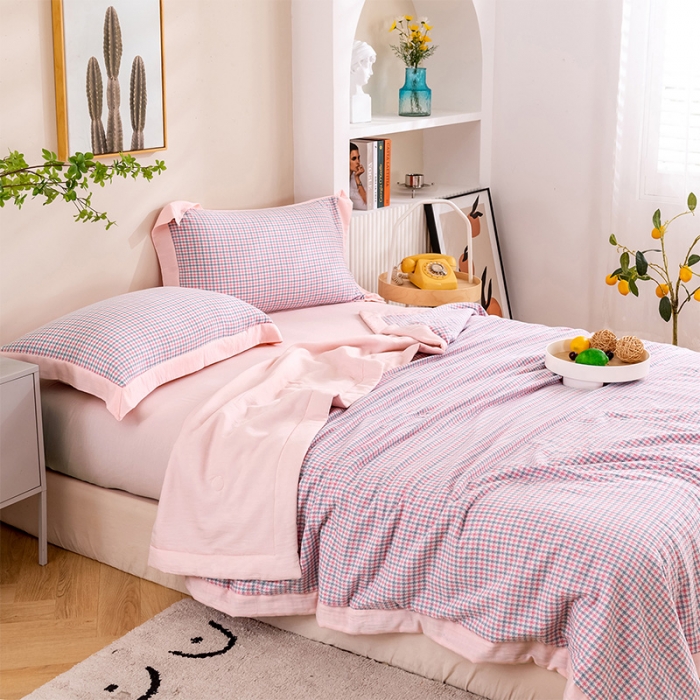 91家纺网 家纺一手货源 找家纺 简色坊 2023新款全棉色织小提花夏凉被小提花 梵西-灰粉