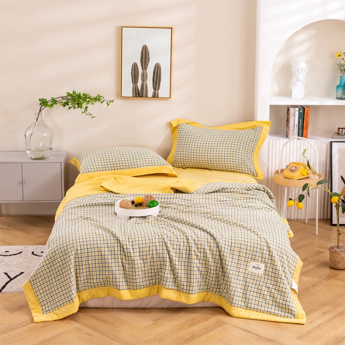 91家纺网 家纺一手货源 找家纺 简色坊 2023新款全棉色织小提花夏凉被小提花 梵西-杏黄