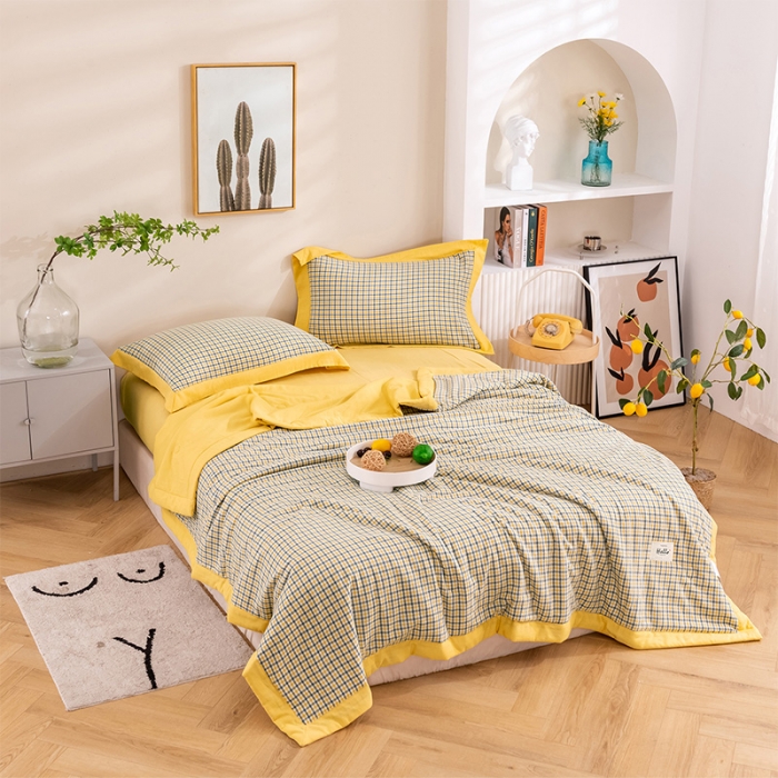 91家纺网 家纺一手货源 找家纺 简色坊 2023新款全棉色织小提花夏凉被小提花 梵西-杏黄