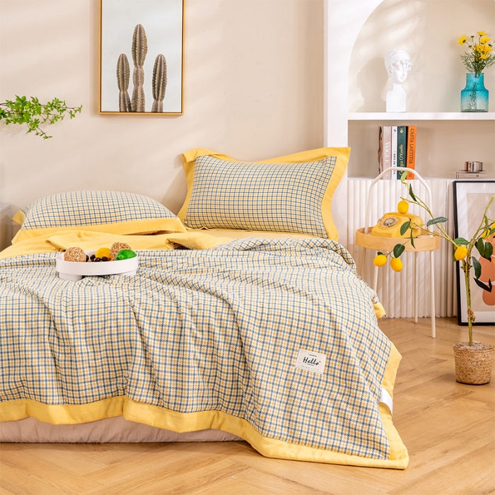 91家纺网 家纺一手货源 找家纺 简色坊 2023新款全棉色织小提花夏凉被小提花 梵西-杏黄