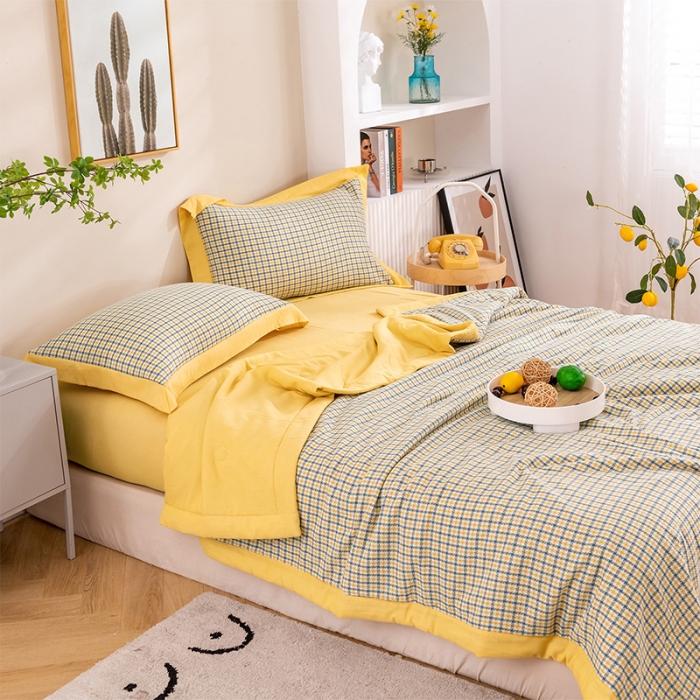 91家纺网 家纺一手货源 找家纺 简色坊 2023新款全棉色织小提花夏凉被小提花 梵西-杏黄