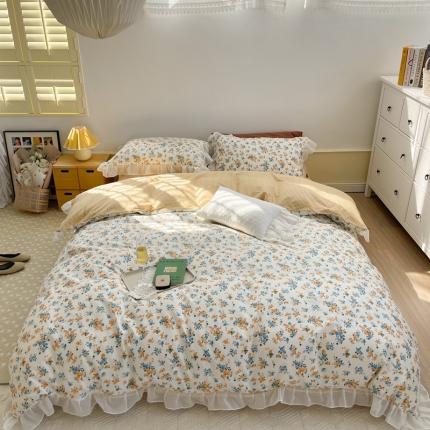 91家纺网 家纺一手货源 找家纺 （床笠不退换）全棉13372新款雪纺纱花边四件套 蓝沫花