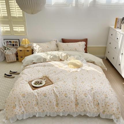 91家纺网 家纺一手货源 找家纺 （床笠不退换）全棉13372新款雪纺纱花边四件套 萱萱