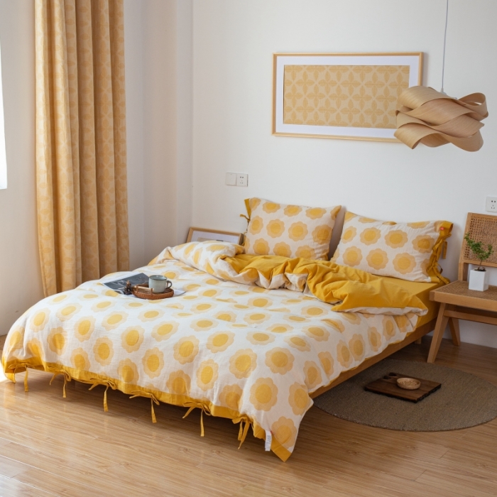 91家纺网 家纺一手货源 找家纺 安莱生活 2022新款双层纱太阳花四件套 太阳花姜黄