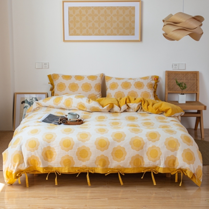 91家纺网 家纺一手货源 找家纺 安莱生活 2022新款双层纱太阳花四件套 太阳花姜黄