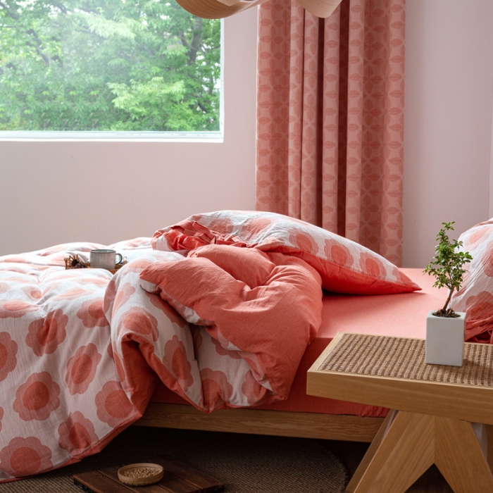 91家纺网 家纺一手货源 找家纺 安莱生活 2022新款双层纱太阳花四件套 太阳花桔红