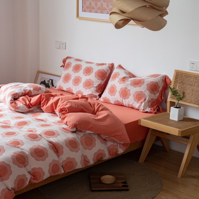 91家纺网 家纺一手货源 找家纺 安莱生活 2022新款双层纱太阳花四件套 太阳花桔红