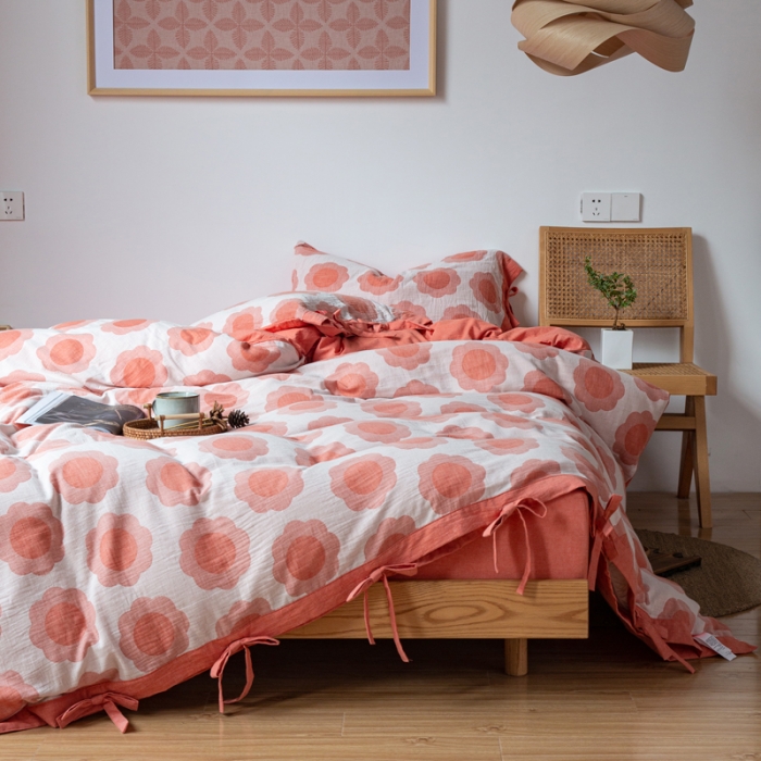 91家纺网 家纺一手货源 找家纺 安莱生活 2022新款双层纱太阳花四件套 太阳花桔红