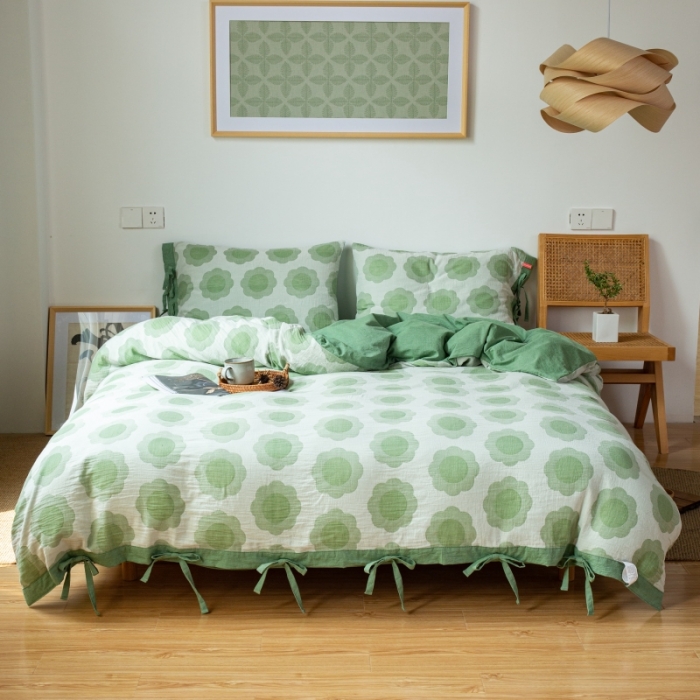 91家纺网 家纺一手货源 找家纺 安莱生活 2022新款双层纱太阳花四件套 太阳花嫩绿