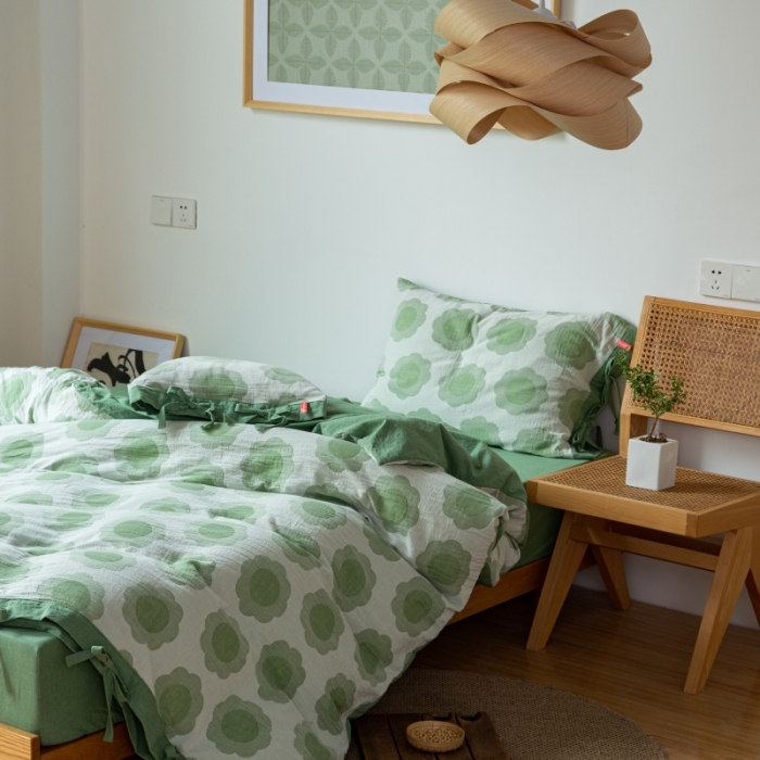 91家纺网 家纺一手货源 找家纺 安莱生活 2022新款双层纱太阳花四件套 太阳花嫩绿