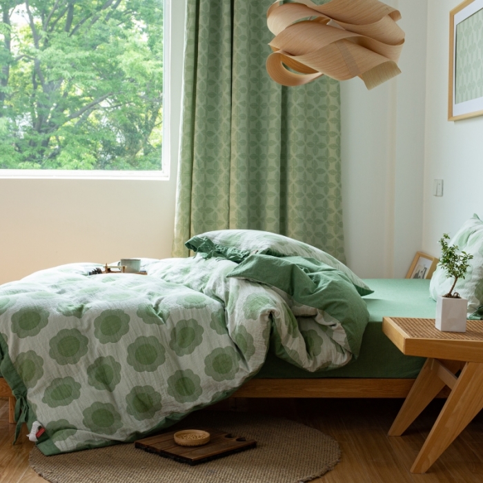 91家纺网 家纺一手货源 找家纺 安莱生活 2022新款双层纱太阳花四件套 太阳花嫩绿