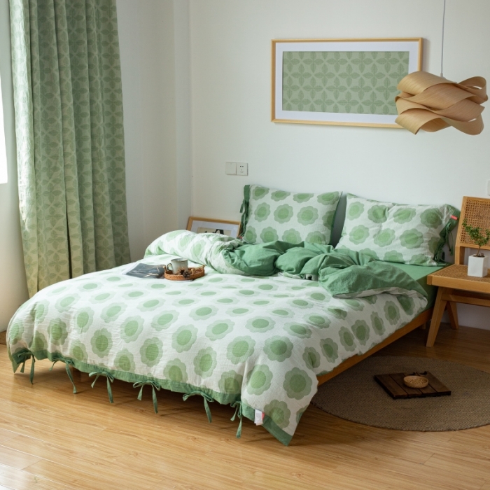 91家纺网 家纺一手货源 找家纺 安莱生活 2022新款双层纱太阳花四件套 太阳花嫩绿