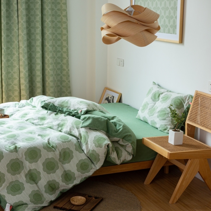 91家纺网 家纺一手货源 找家纺 安莱生活 2022新款双层纱太阳花四件套 太阳花嫩绿