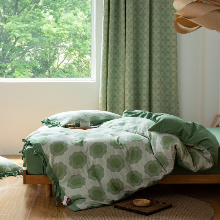 91家纺网 家纺一手货源 找家纺 安莱生活 2022新款双层纱太阳花四件套 太阳花嫩绿