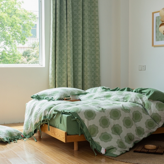 91家纺网 家纺一手货源 找家纺 安莱生活 2022新款双层纱太阳花四件套 太阳花嫩绿