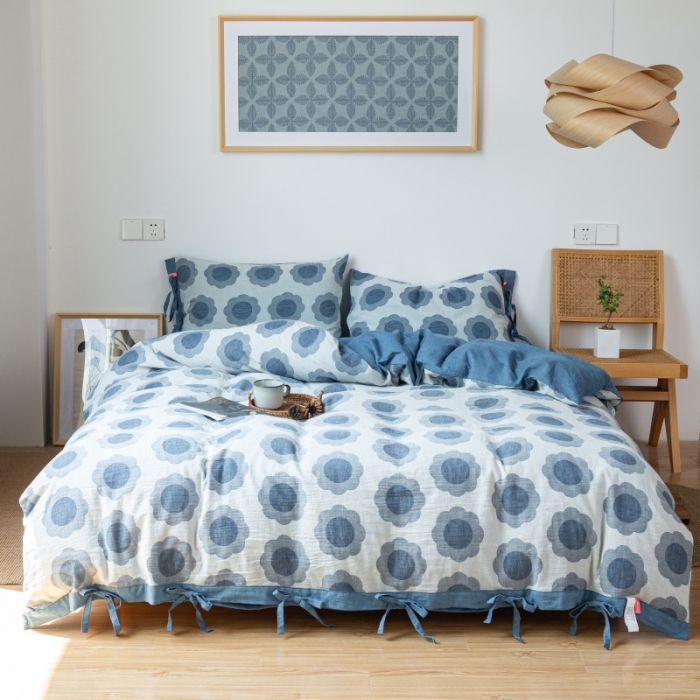 91家纺网 家纺一手货源 找家纺 安莱生活 2022新款双层纱太阳花四件套 太阳花深蓝