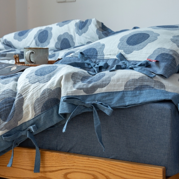 91家纺网 家纺一手货源 找家纺 安莱生活 2022新款双层纱太阳花四件套 太阳花深蓝