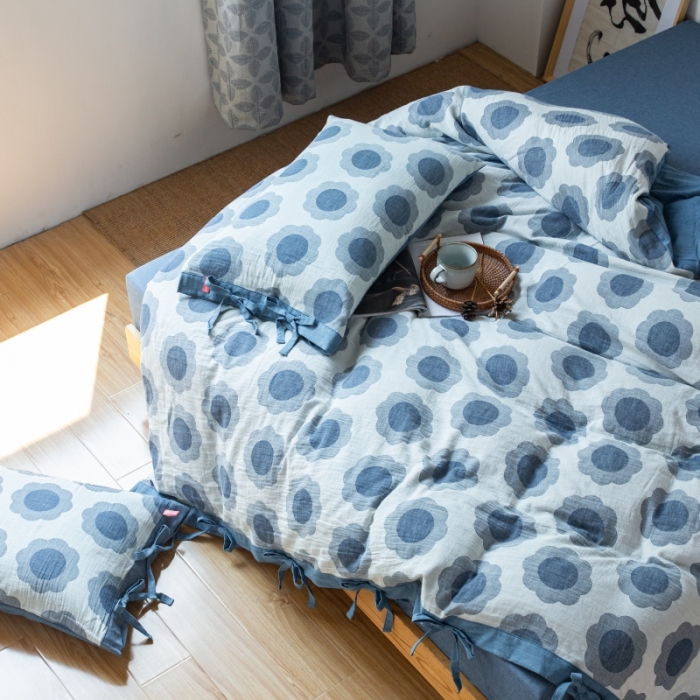 91家纺网 家纺一手货源 找家纺 安莱生活 2022新款双层纱太阳花四件套 太阳花深蓝