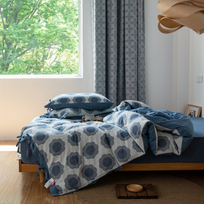 91家纺网 家纺一手货源 找家纺 安莱生活 2022新款双层纱太阳花四件套 太阳花深蓝