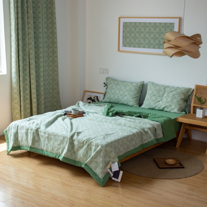 91家纺网 家纺一手货源 找家纺 安莱生活 2022新款双层纱四叶草色织大提花夏被 四叶草嫩绿