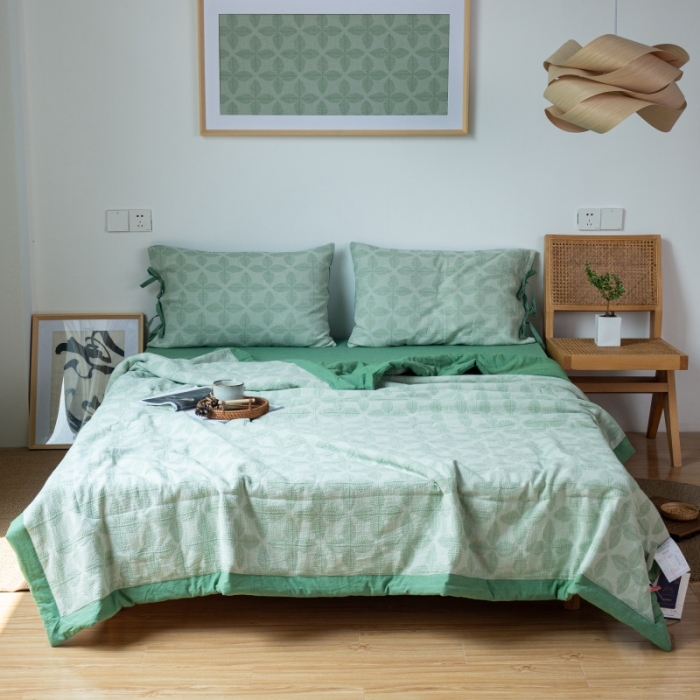 91家纺网 家纺一手货源 找家纺 安莱生活 2022新款双层纱四叶草色织大提花夏被 四叶草嫩绿