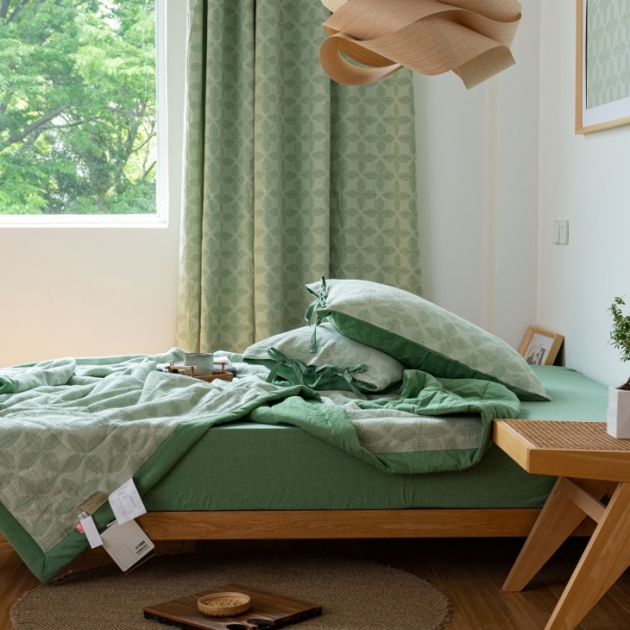 91家纺网 家纺一手货源 找家纺 安莱生活 2022新款双层纱四叶草色织大提花夏被 四叶草嫩绿