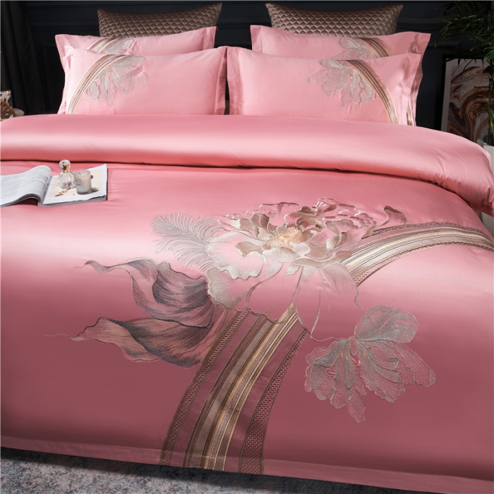 91家纺网 家纺一手货源 找家纺 宏羽纺 2022新款100s刺绣长绒棉四件套 莫妮卡-豆沙粉