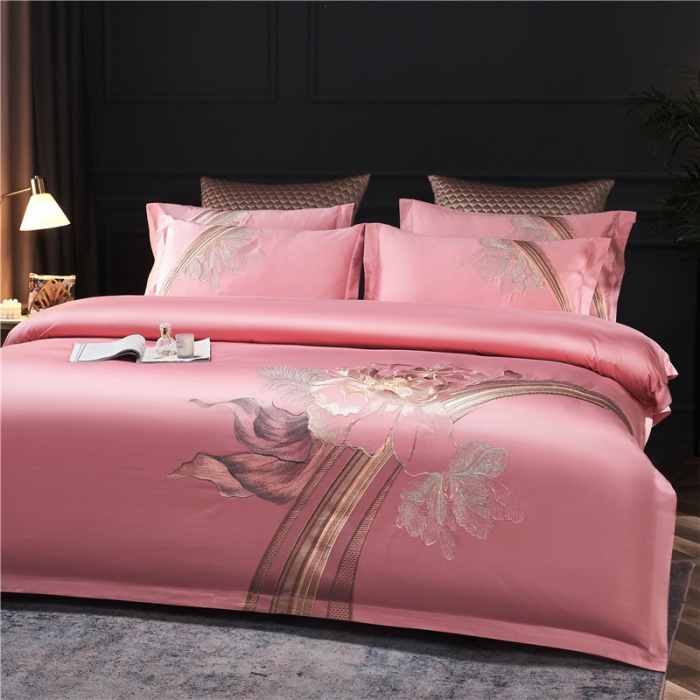 91家纺网 家纺一手货源 找家纺 宏羽纺 2022新款100s刺绣长绒棉四件套 莫妮卡-豆沙粉