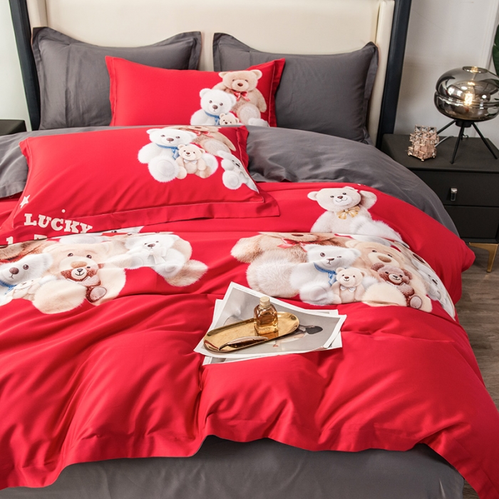 91家纺网 家纺一手货源 找家纺 品乐2023新100支云锦臻丝高清数码长绒棉四件套 可爱熊红