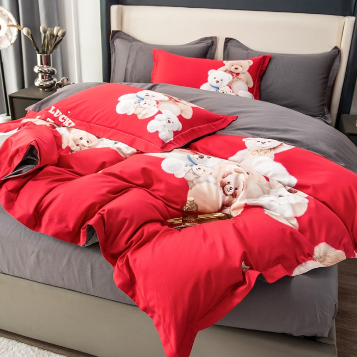 91家纺网 家纺一手货源 找家纺 品乐2023新100支云锦臻丝高清数码长绒棉四件套 可爱熊红