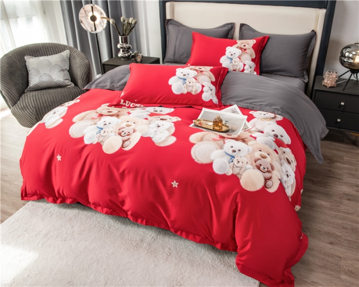 91家纺网 家纺一手货源 找家纺 品乐2023新100支云锦臻丝高清数码长绒棉四件套 可爱熊红