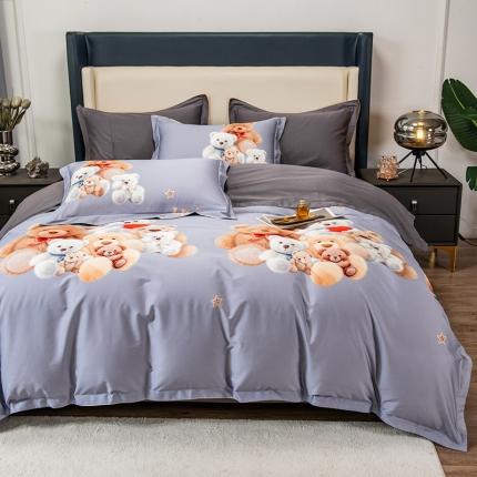 91家纺网 家纺一手货源 找家纺 品乐2023新100支云锦臻丝高清数码长绒棉四件套 可爱熊灰