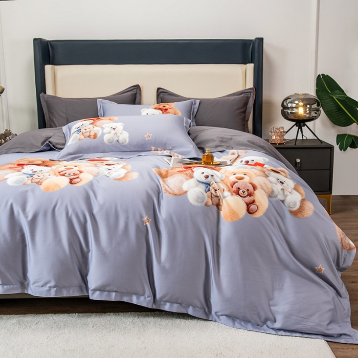 91家纺网 家纺一手货源 找家纺 品乐2023新100支云锦臻丝高清数码长绒棉四件套 可爱熊灰