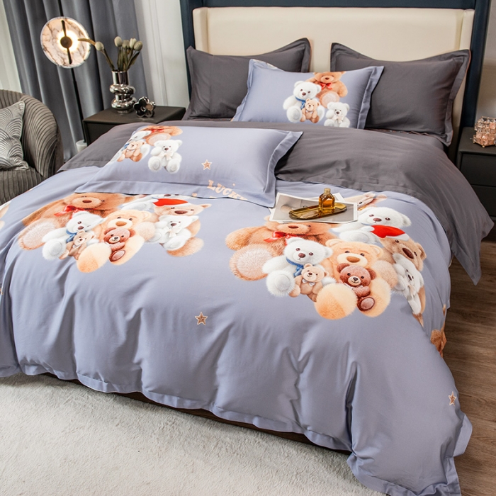 91家纺网 家纺一手货源 找家纺 品乐2023新100支云锦臻丝高清数码长绒棉四件套 可爱熊灰