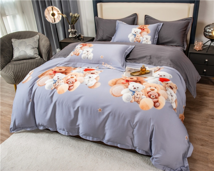 91家纺网 家纺一手货源 找家纺 品乐2023新100支云锦臻丝高清数码长绒棉四件套 可爱熊灰