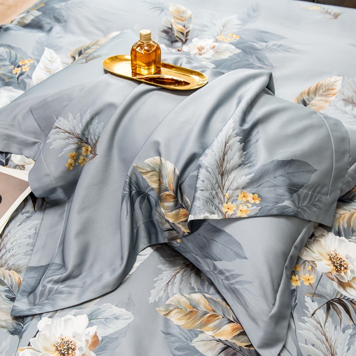 91家纺网 家纺一手货源 找家纺 品乐 2023新100支云锦臻丝高清长绒棉四件套 临风叶树灰