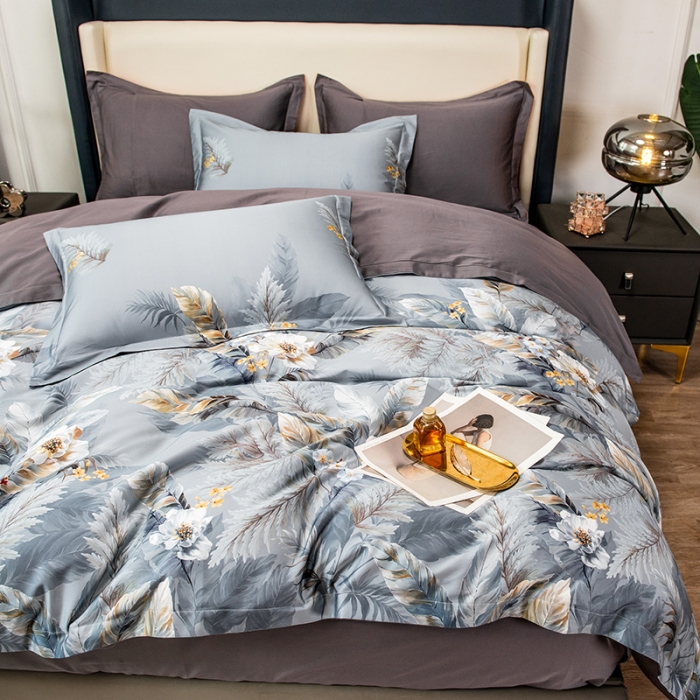 91家纺网 家纺一手货源 找家纺 品乐 2023新100支云锦臻丝高清长绒棉四件套 临风叶树灰