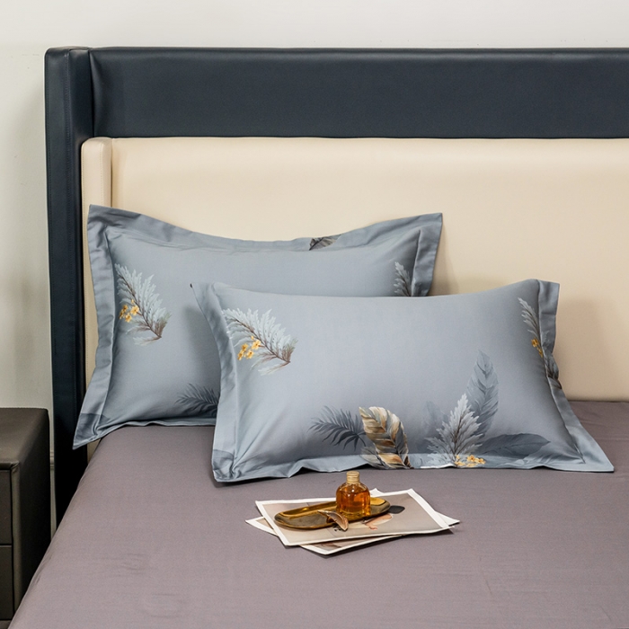 91家纺网 家纺一手货源 找家纺 品乐 2023新100支云锦臻丝高清长绒棉四件套 临风叶树灰