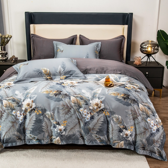 91家纺网 家纺一手货源 找家纺 品乐 2023新100支云锦臻丝高清长绒棉四件套 临风叶树灰