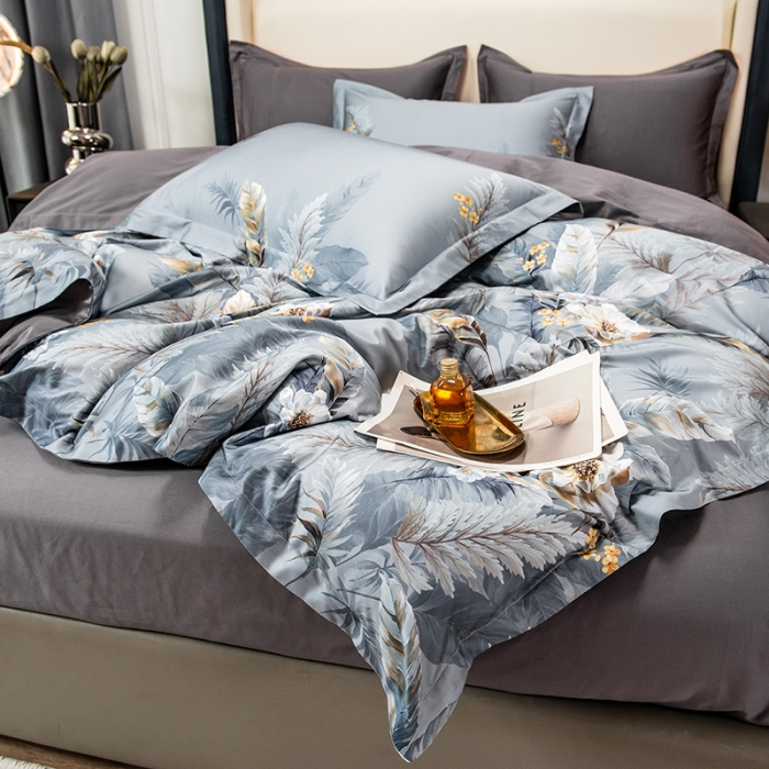 91家纺网 家纺一手货源 找家纺 品乐 2023新100支云锦臻丝高清长绒棉四件套 临风叶树灰