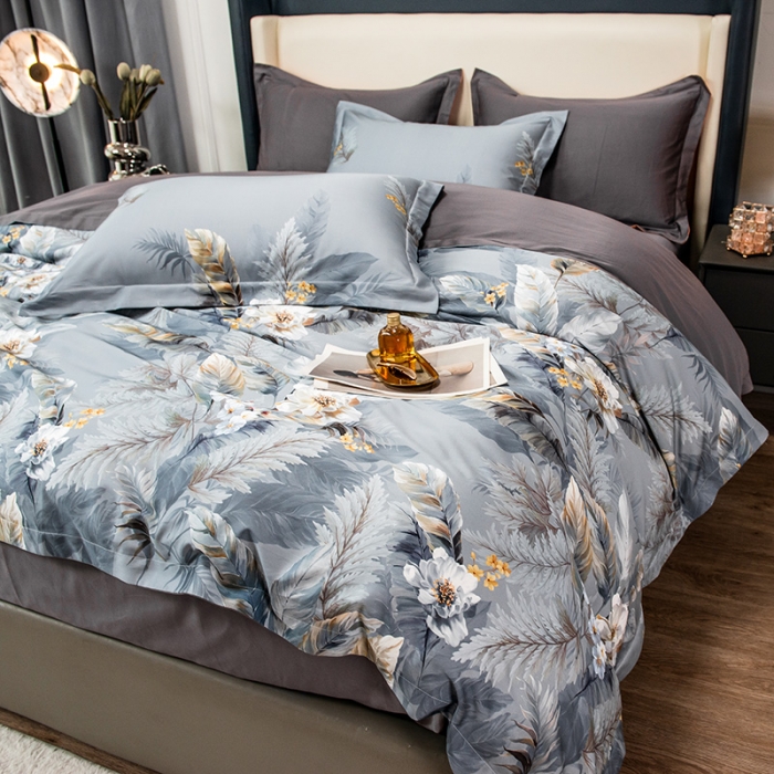 91家纺网 家纺一手货源 找家纺 品乐 2023新100支云锦臻丝高清长绒棉四件套 临风叶树灰