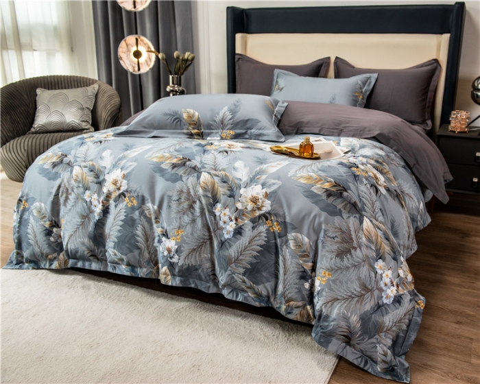 91家纺网 家纺一手货源 找家纺 品乐 2023新100支云锦臻丝高清长绒棉四件套 临风叶树灰