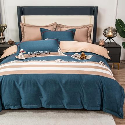 91家纺网 家纺一手货源 找家纺 品乐 2023新100支云锦臻丝高清长绒棉四件套 泰迪熊-蓝