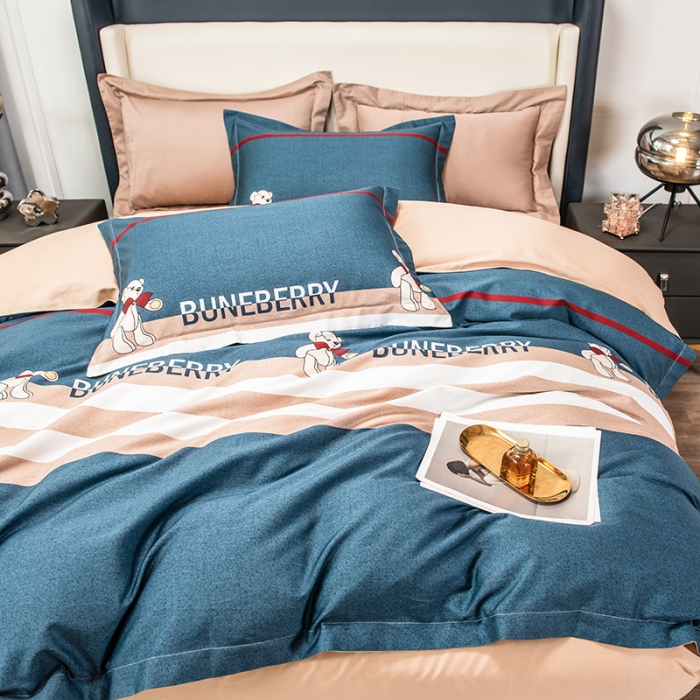 91家纺网 家纺一手货源 找家纺 品乐 2023新100支云锦臻丝高清长绒棉四件套 泰迪熊-蓝