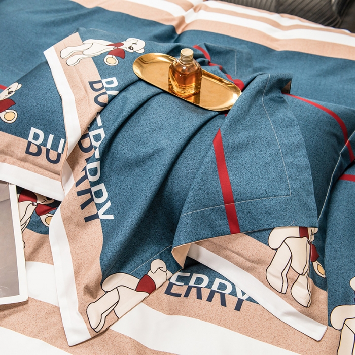 91家纺网 家纺一手货源 找家纺 品乐 2023新100支云锦臻丝高清长绒棉四件套 泰迪熊-蓝