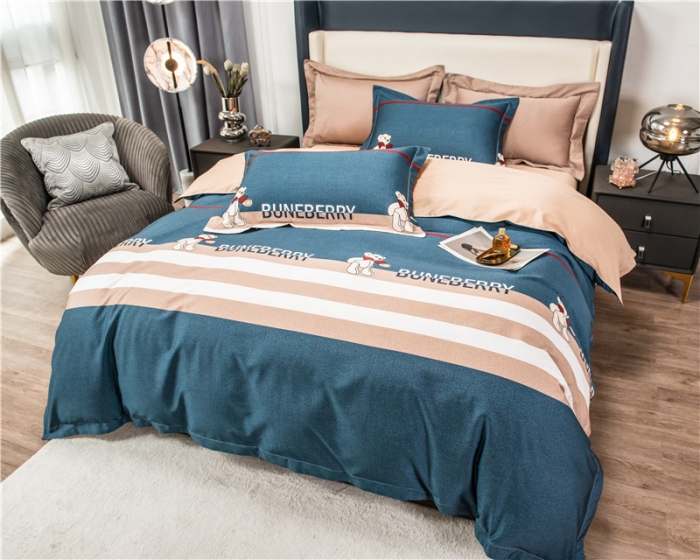 91家纺网 家纺一手货源 找家纺 品乐 2023新100支云锦臻丝高清长绒棉四件套 泰迪熊-蓝