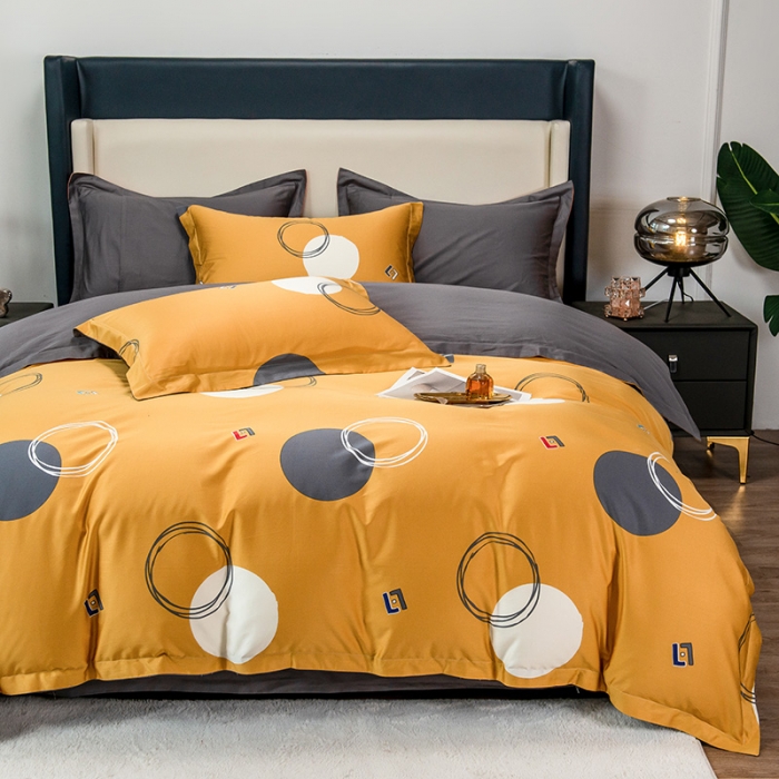 91家纺网 家纺一手货源 找家纺 品乐 2023新100支云锦臻丝高清数码长绒棉四件套 圆融黄